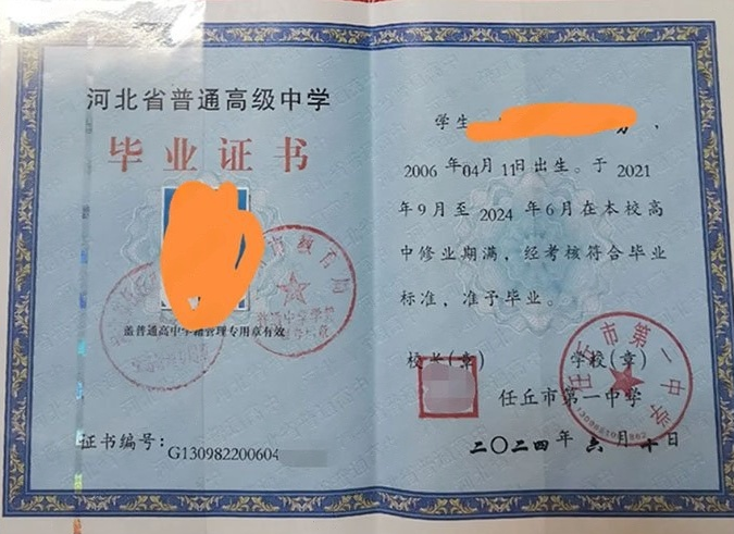 西城任丘市第一中学高中毕业证样本图片